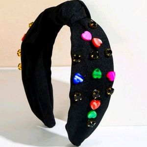 Black headband with stones and multicolored hearts